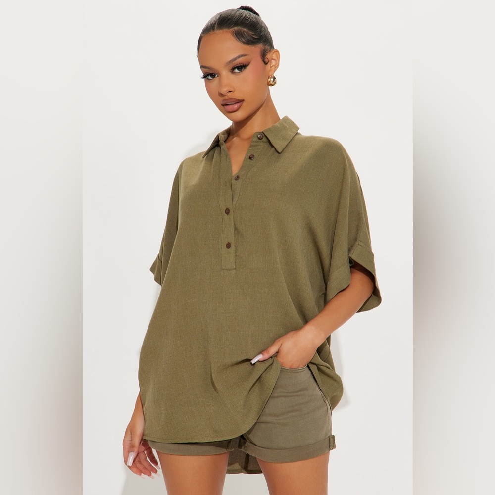 Olive Button-Front Relaxed Polo Top